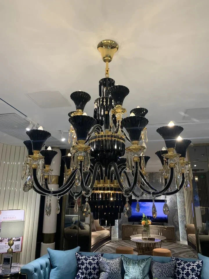 American Traditional Branch Crystal Chandelier with Candle Design in Black and Gold - 12 Lights:D33.5"*H27.6"Warm LightJecanoli