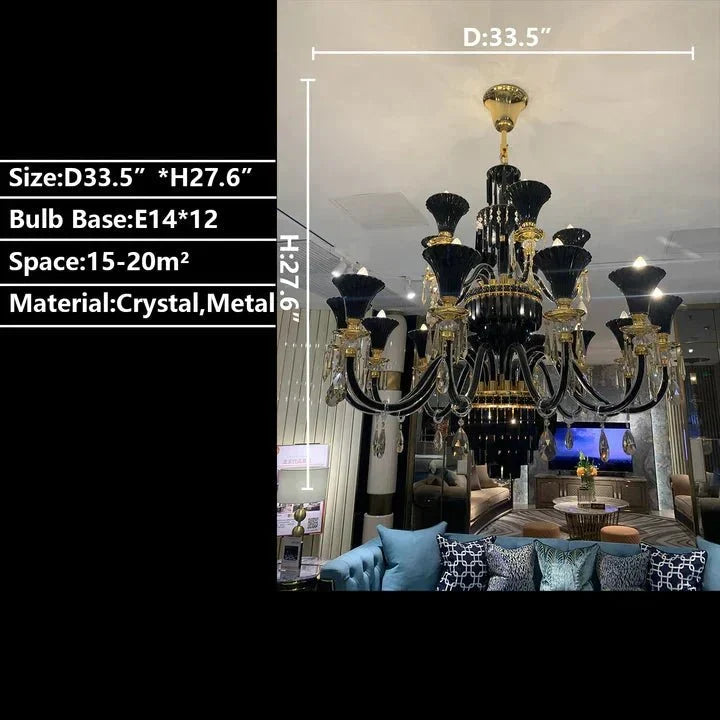 American Traditional Branch Crystal Chandelier with Candle Design in Black and Gold - 12 Lights:D33.5"*H27.6"Warm LightJecanoli