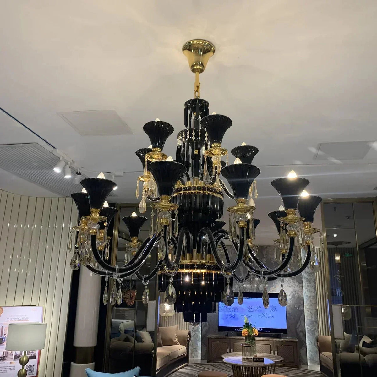 American Traditional Branch Crystal Chandelier with Candle Design in Black and Gold - 8 Lights:D29.5"*H21.7"Warm LightJecanoli