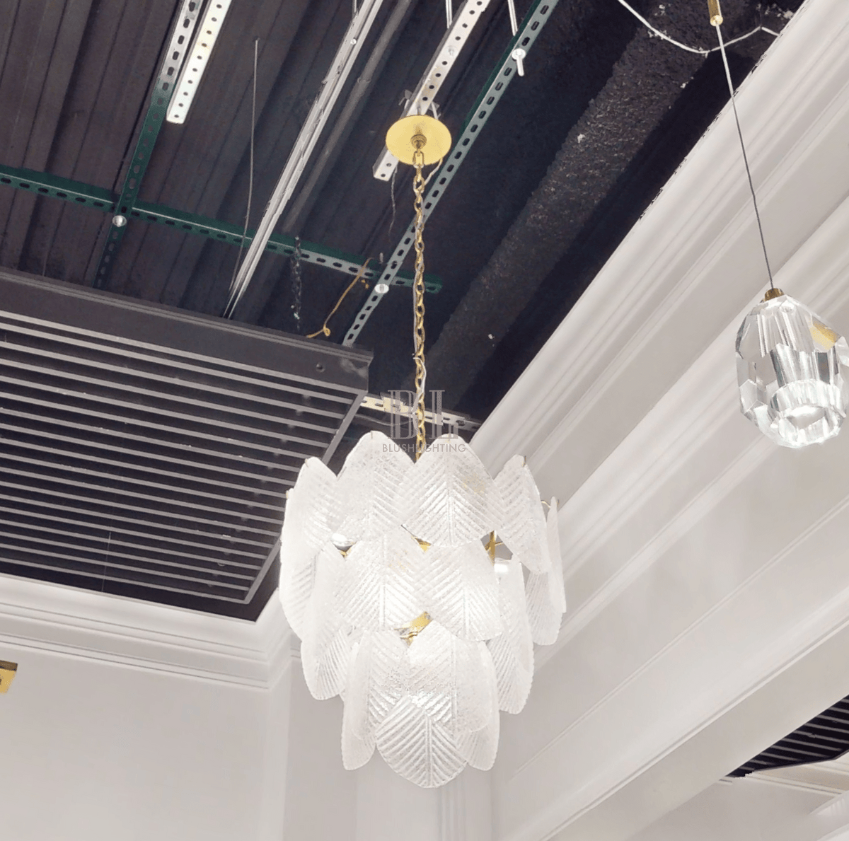 Antique Gold Frosted Glass Nine - Light Chandelier with Cascading Petal Design - Jecanoli