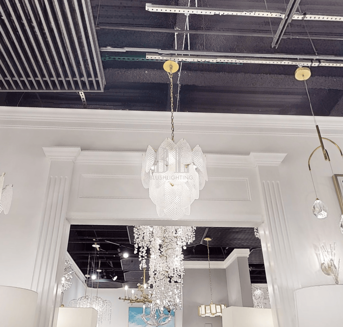 Antique Gold Frosted Glass Nine - Light Chandelier with Cascading Petal Design - Jecanoli