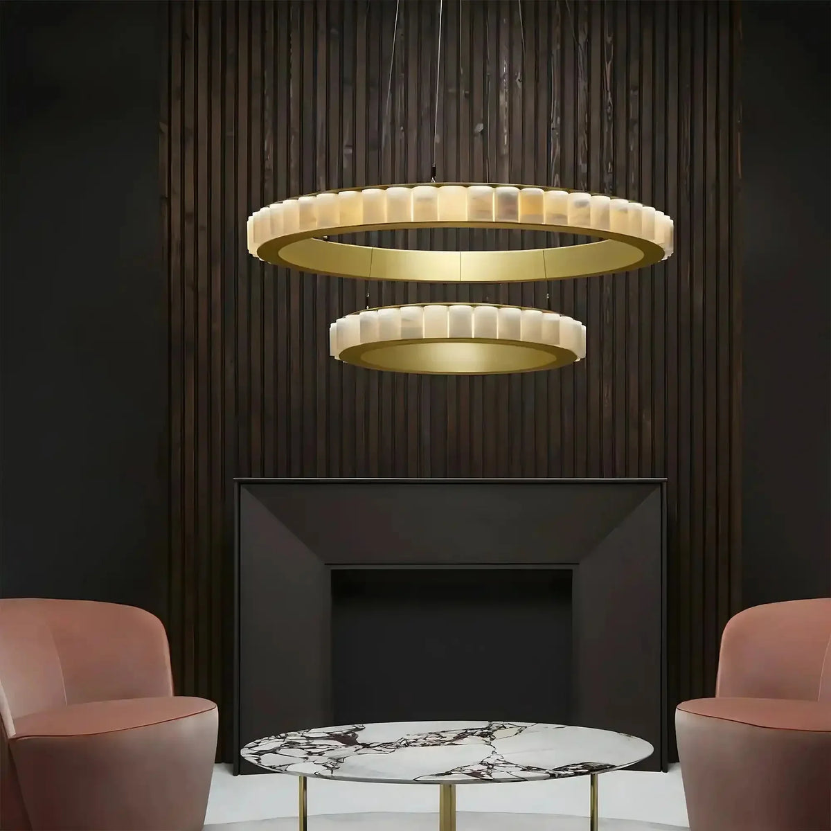Avalon Alabaster Round Chandelier - 31.5″Dia x 59″HCopperWarm White-Jecanoli