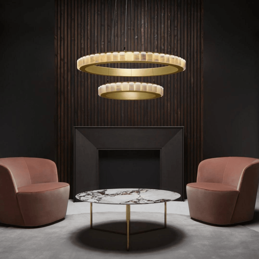 Avalon Halo Modern Chandelier - Satin Brass With Honed Alabaster Stone-Jecanoli