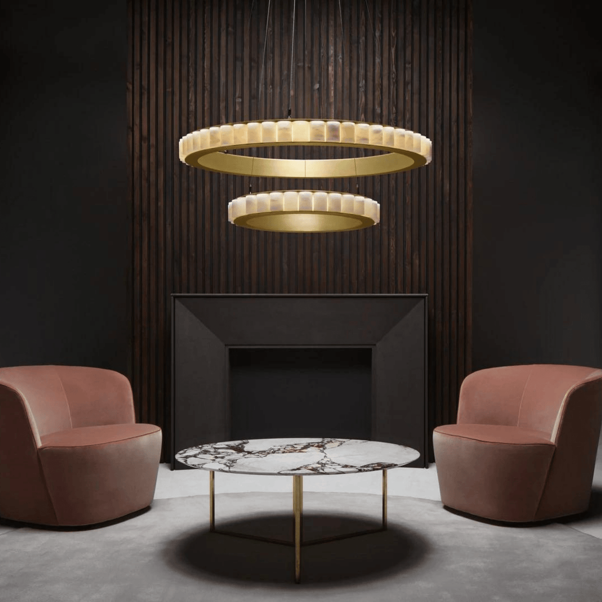 Avalon Halo Modern Chandelier - Satin Brass With Honed Alabaster Stone-Jecanoli