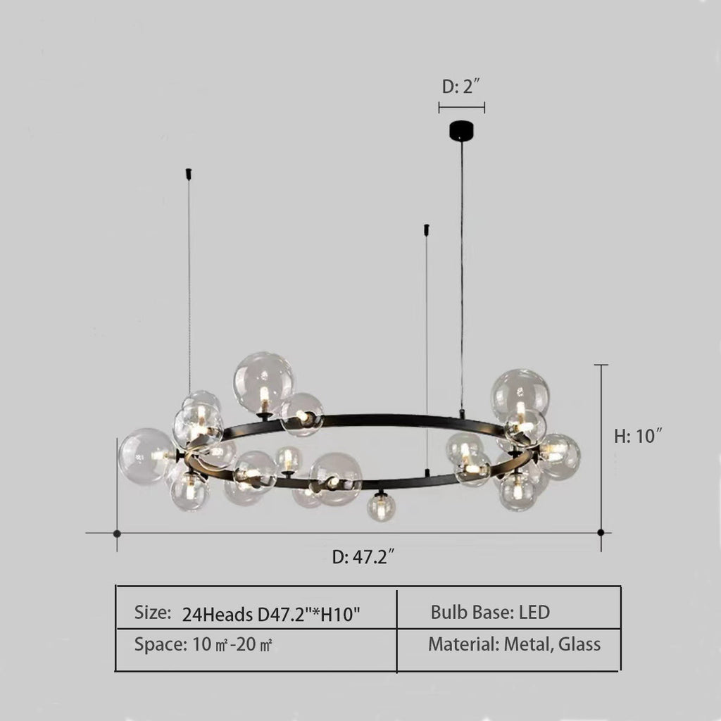 Ring: 24Heads D47.2"*H10.0" chandelier,chandeliers,round,round,linear,glass,black,bubble,nordic,minimalist,living room,dining room,dining table,long table,big table,kitchen island,kitchen bar,oversized,huge,big,long,large,extra large