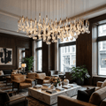 Celestia LED Glass Rain Chandelier - L 59.1″ × W 19.7″ × H 47.2″Gold & ClearWarm LightBlushlighting