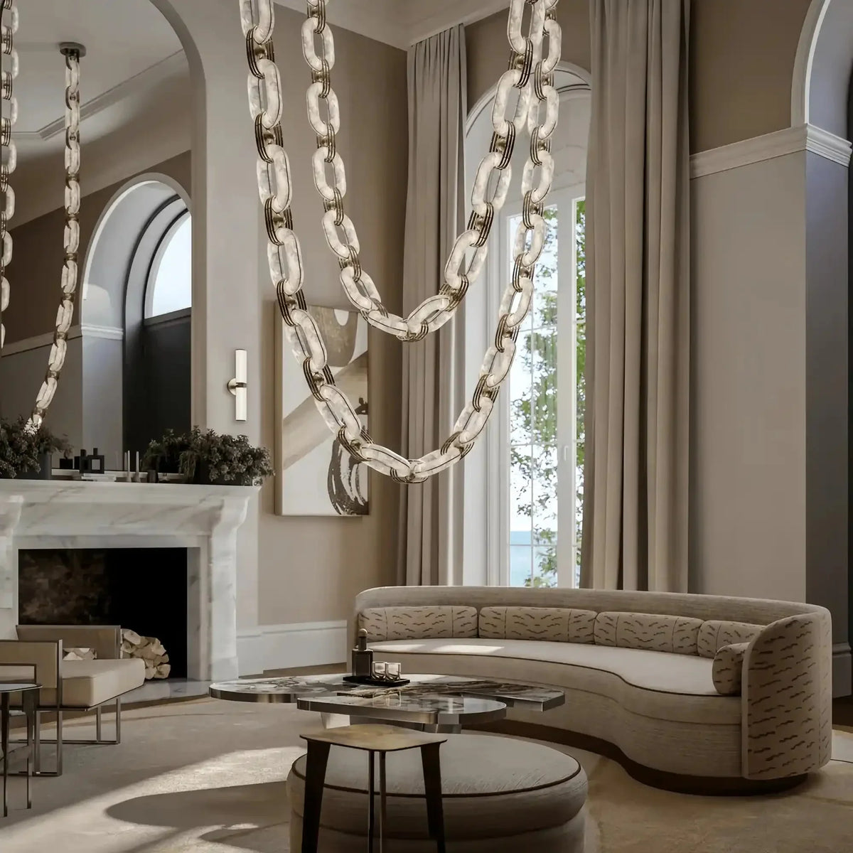 Chain Alabaster Link Chandelier - ∅ 39.4″ x H 98.4″Gold & White - Jecanoli