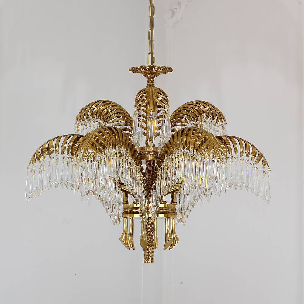 30 Inch Wide 2-Layer Palm Tree Brass and Crystal Chandelier Light-铜灯-Jecanoli