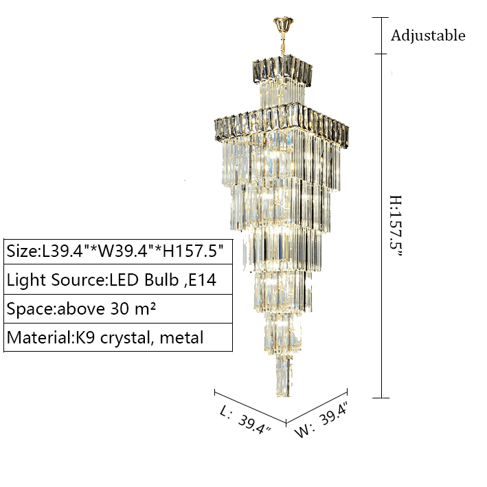 Decorative Large Vertical Crystal Staircase Chandelier Foyer Ceiling Light Fixture Lamp In Gray/ Amber Brim - L39.4"*W39.4"*H157.5"Smoky GrayWarm Light-Jecanoli