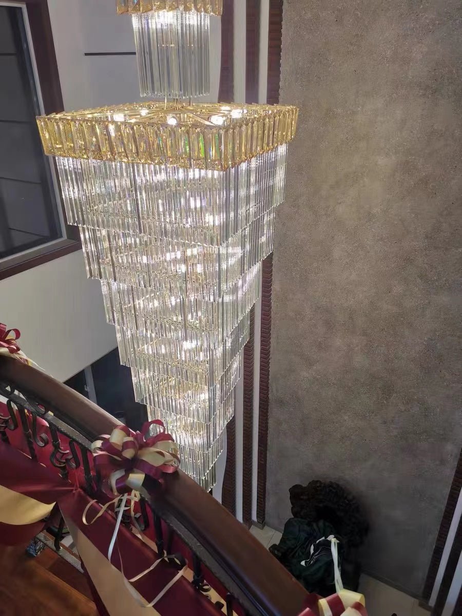 Decorative Large Vertical Crystal Staircase Chandelier Foyer Ceiling Light Fixture Lamp In Gray/ Amber Brim - L15.8"*W15.8"*H55.1"Smoky GrayWarm Light-Jecanoli