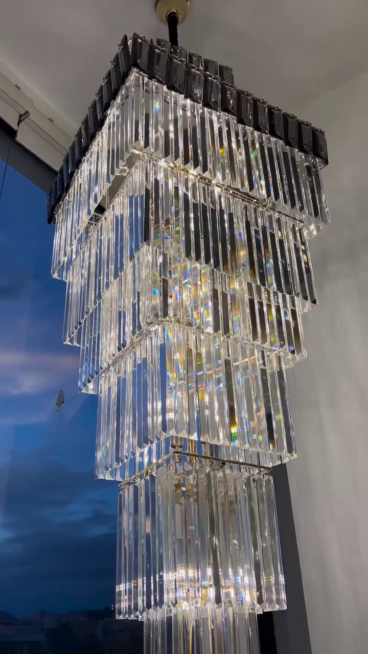 Decorative Large Vertical Crystal Staircase Chandelier Foyer Ceiling Light Fixture Lamp In Gray/ Amber Brim - L15.8"*W15.8"*H55.1"Smoky GrayWarm Light-Jecanoli