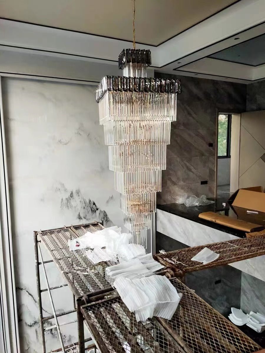 Decorative Large Vertical Crystal Staircase Chandelier Foyer Ceiling Light Fixture Lamp In Gray/ Amber Brim - L15.8"*W15.8"*H55.1"Smoky GrayWarm Light-Jecanoli