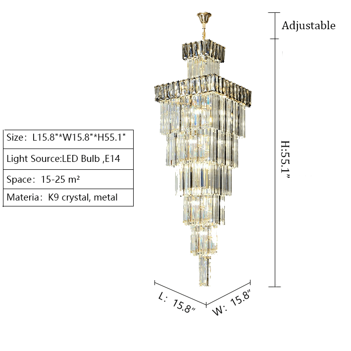 Decorative Large Vertical Crystal Staircase Chandelier Foyer Ceiling Light Fixture Lamp In Gray/ Amber Brim - L15.8"*W15.8"*H55.1"Smoky GrayWarm Light-Jecanoli