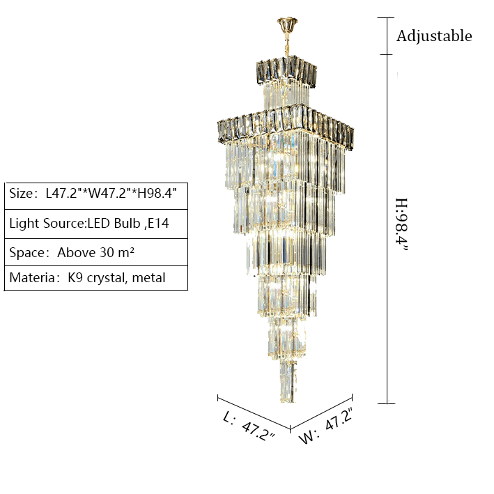 Decorative Large Vertical Crystal Staircase Chandelier Foyer Ceiling Light Fixture Lamp In Gray/ Amber Brim - L47.2"*W47.2"*H98.4"/131kgSmoky GrayWarm Light-Jecanoli