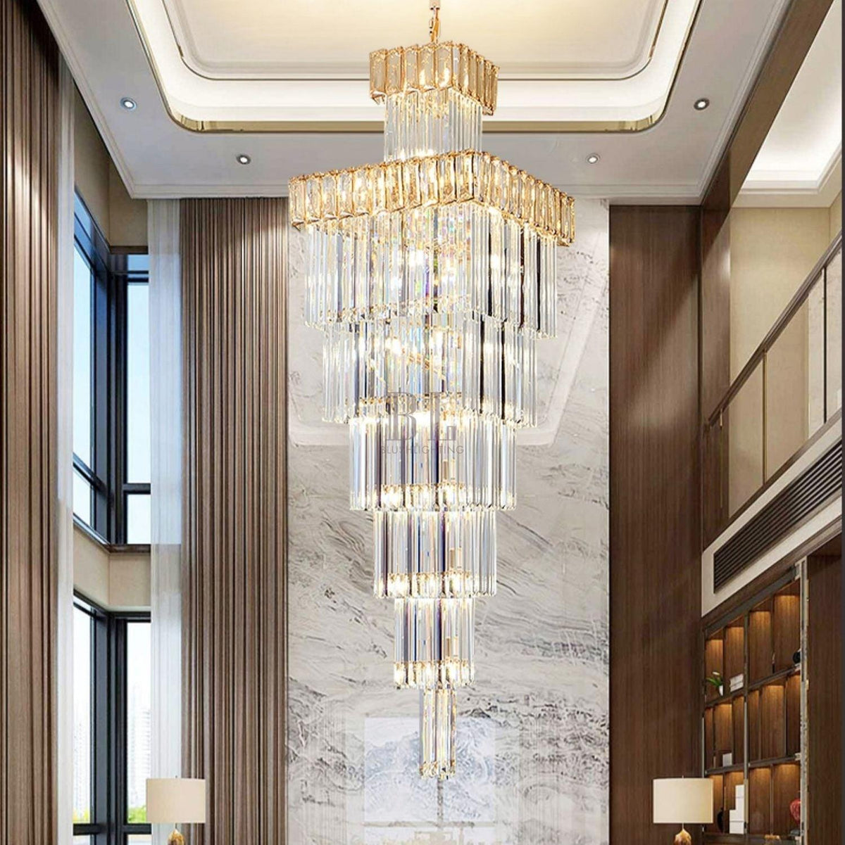 Decorative Large Vertical Crystal Staircase Chandelier Foyer Ceiling Light Fixture Lamp In Gray/ Amber Brim - L15.8"*W15.8"*H55.1"Smoky GrayWarm Light-Jecanoli