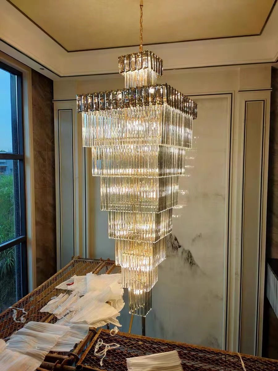 Decorative Large Vertical Crystal Staircase Chandelier Foyer Ceiling Light Fixture Lamp In Gray/ Amber Brim - L15.8"*W15.8"*H55.1"Smoky GrayWarm Light-Jecanoli
