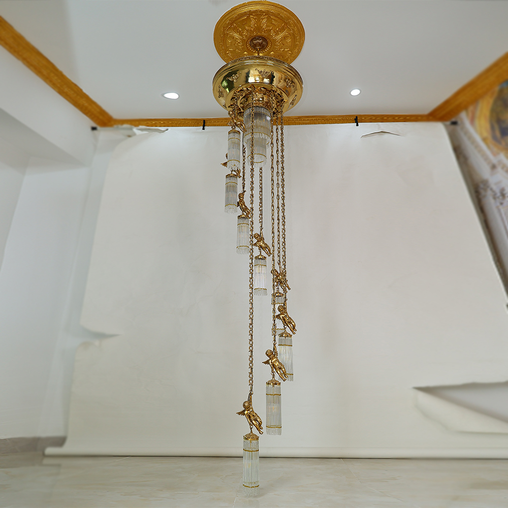 Luxury Flush Mounted 138 Inch Long Antique Brass Angels Chandelier for Staircase-铜灯-Jecanoli