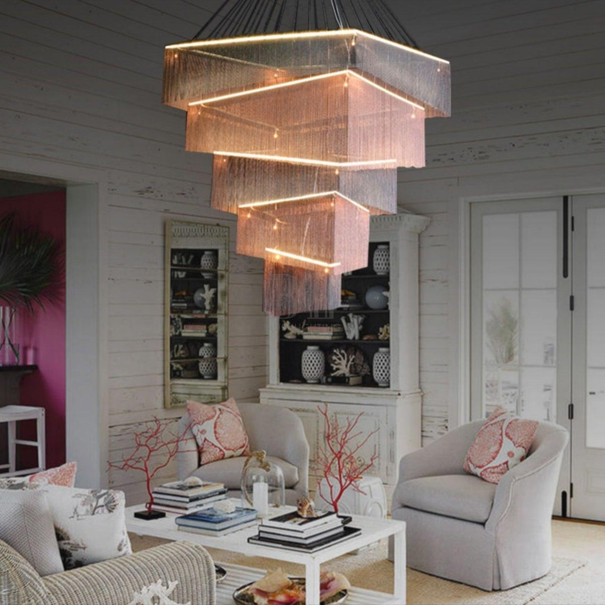Extra Large Art Multi - tier Aluminum Chain Tassel Chandelier for High - Ceiling Room - L31.5"*W31.5"H63.0"PinkWarm Light - Jecanoli