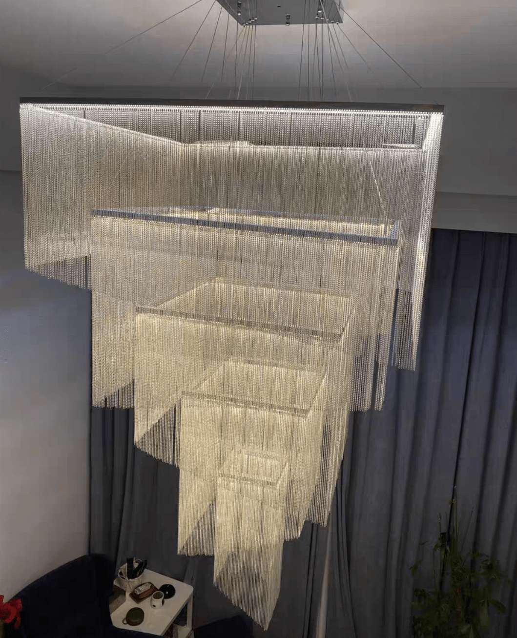 Extra Large Art Multi - tier Aluminum Chain Tassel Chandelier for High - Ceiling Room - L47.2"*W47.2"H78.7"ChromeWhite Light - Jecanoli