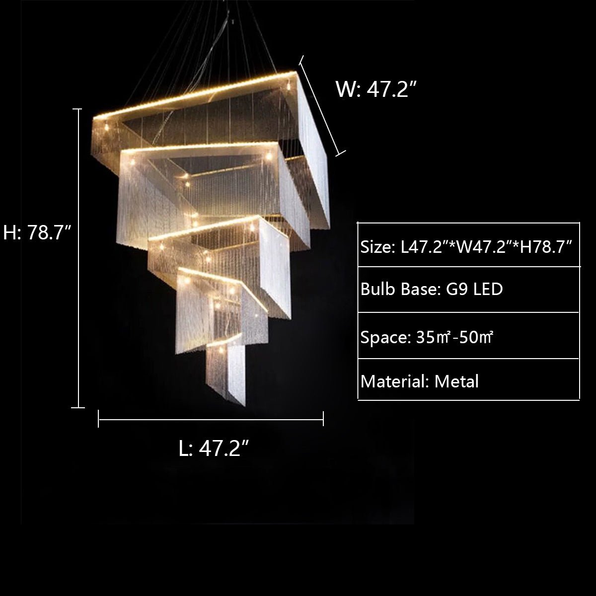 Extra Large Art Multi - tier Aluminum Chain Tassel Chandelier for High - Ceiling Room - L47.2"*W47.2"H78.7"ChromeWhite Light - Jecanoli