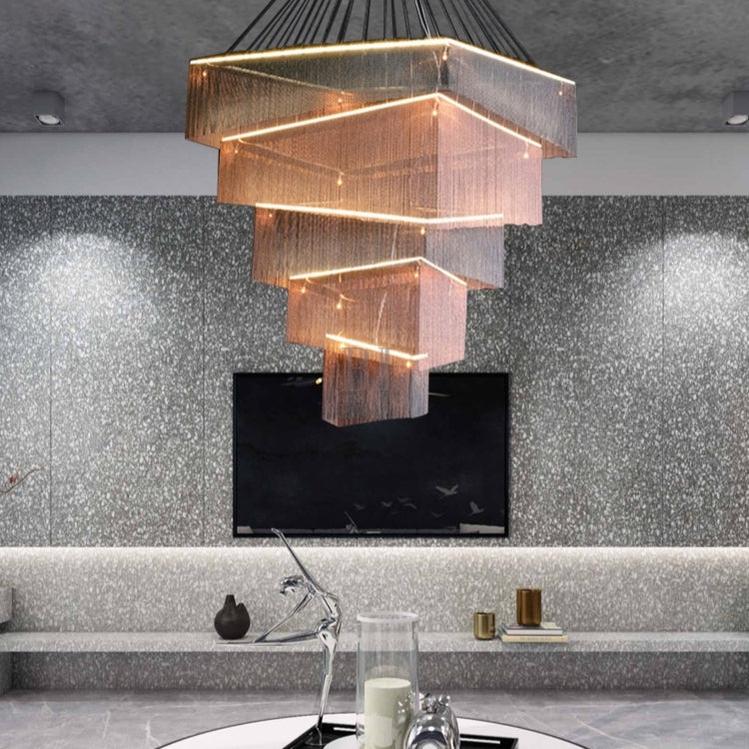 Extra Large Art Multi - tier Aluminum Chain Tassel Chandelier for High - Ceiling Room - L47.2"*W47.2"H78.7"PinkWarm Light - Jecanoli