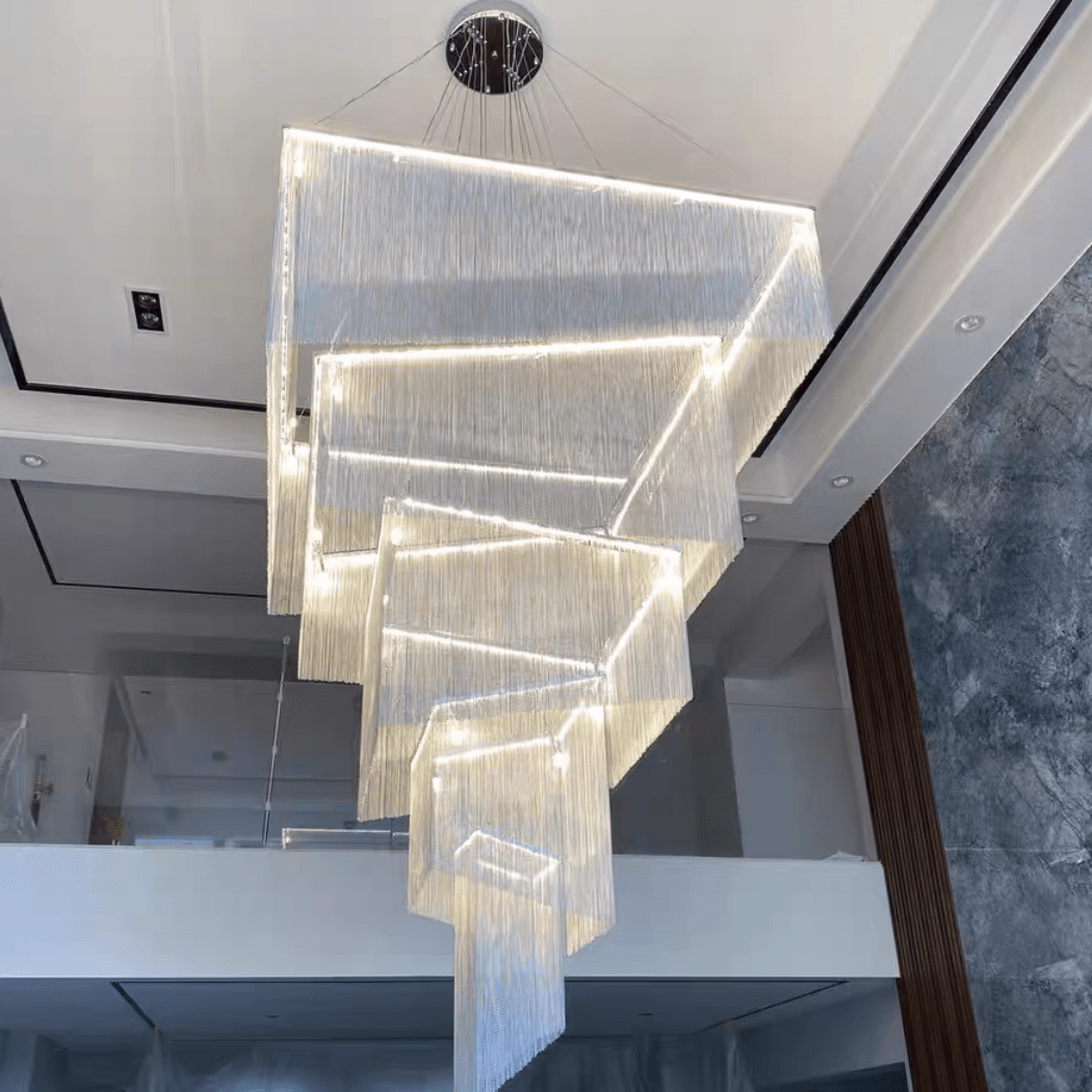 Extra Large Art Multi - tier Aluminum Chain Tassel Chandelier for High - Ceiling Room - L31.5"*W31.5"H63.0"ChromeWhite Light - Jecanoli