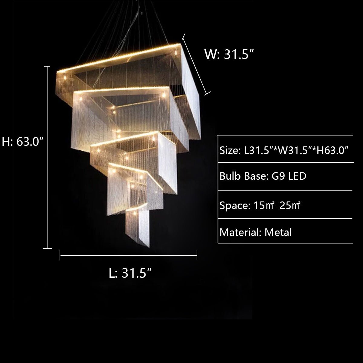 Extra Large Art Multi - tier Aluminum Chain Tassel Chandelier for High - Ceiling Room - L47.2"*W47.2"H78.7"ChromeWhite Light - Jecanoli