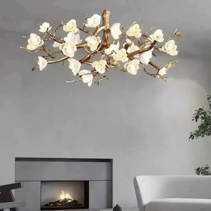 Flower Bloom Branch Brass Chandelier - Brass and WhiteDia 55.1″(140cm) x H 19.7″(50cm) - Manor Lights