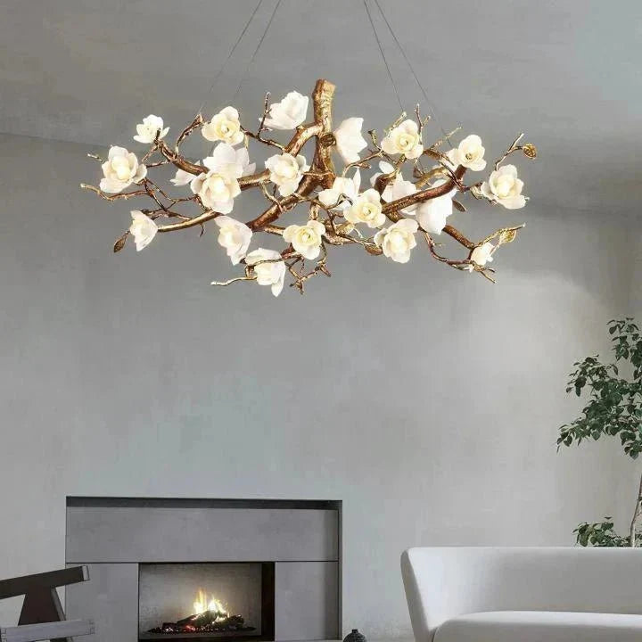 Flower Bloom Branch Brass Chandelier - Brass and WhiteDia 31.5″(80cm) x H 15.7″(40cm) - Manor Lights