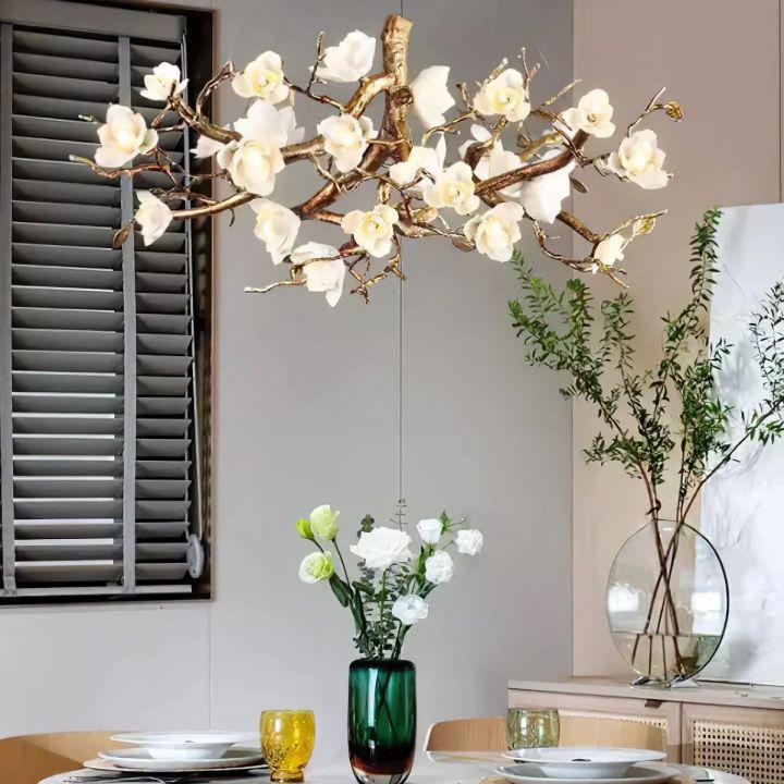 Flower Bloom Branch Brass Chandelier - Brass and WhiteDia 55.1″(140cm) x H 19.7″(50cm) - Manor Lights