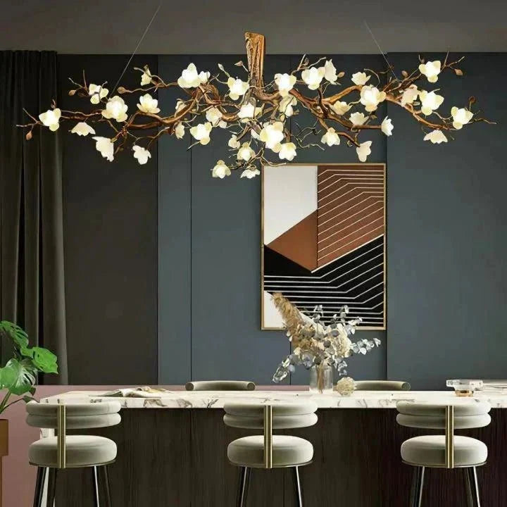 Flower Bloom Branch Brass Chandelier - Brass and WhiteDia 55.1″(140cm) x H 19.7″(50cm) - Manor Lights