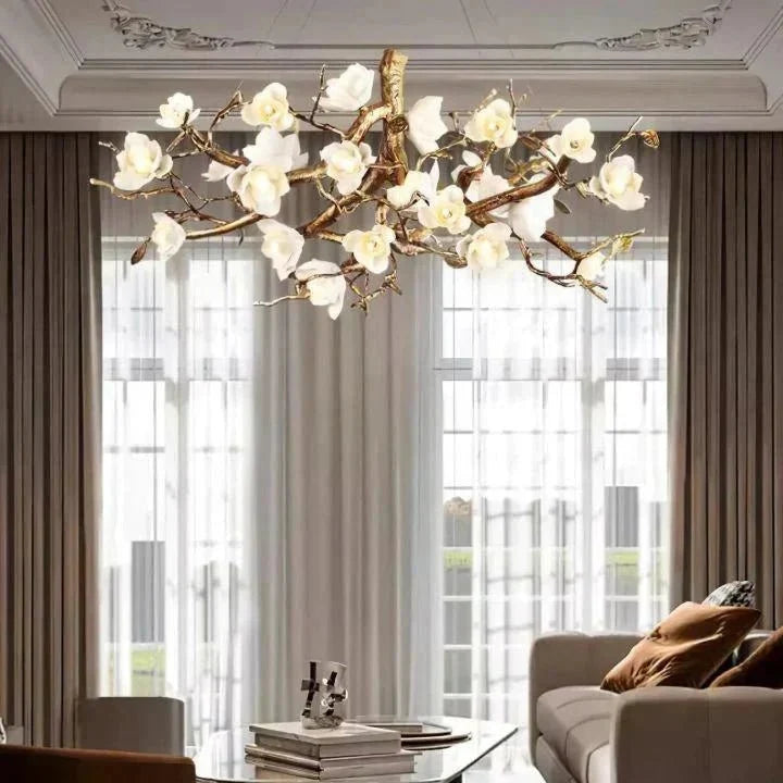 Flower Bloom Branch Brass Chandelier - Brass and WhiteDia 31.5″(80cm) x H 15.7″(40cm) - Manor Lights
