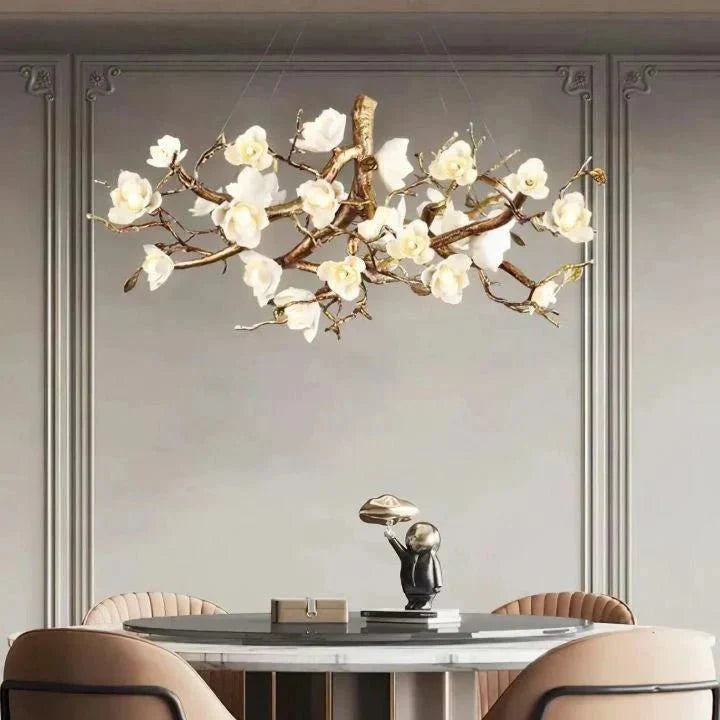 Flower Bloom Branch Brass Chandelier - Brass and WhiteDia 55.1″(140cm) x H 19.7″(50cm) - Manor Lights