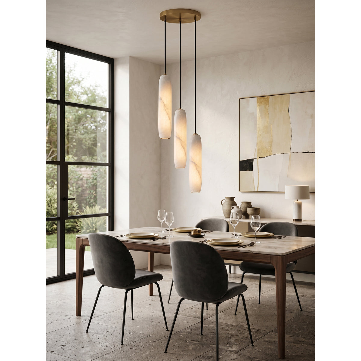 Flute Alabaster Chandelier - 2 headsBrass & White-Jecanoli