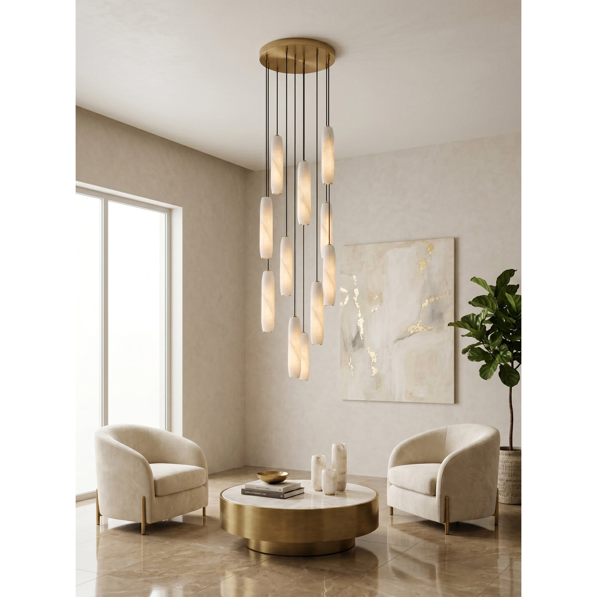 Flute Alabaster Chandelier - 2 headsBrass & White-Jecanoli
