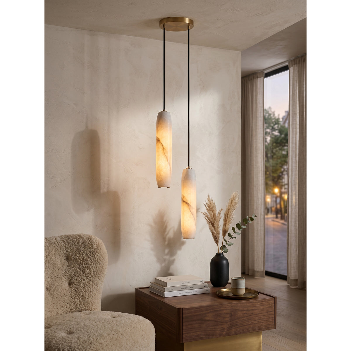 Flute Alabaster Chandelier - 2 headsBrass & White-Jecanoli