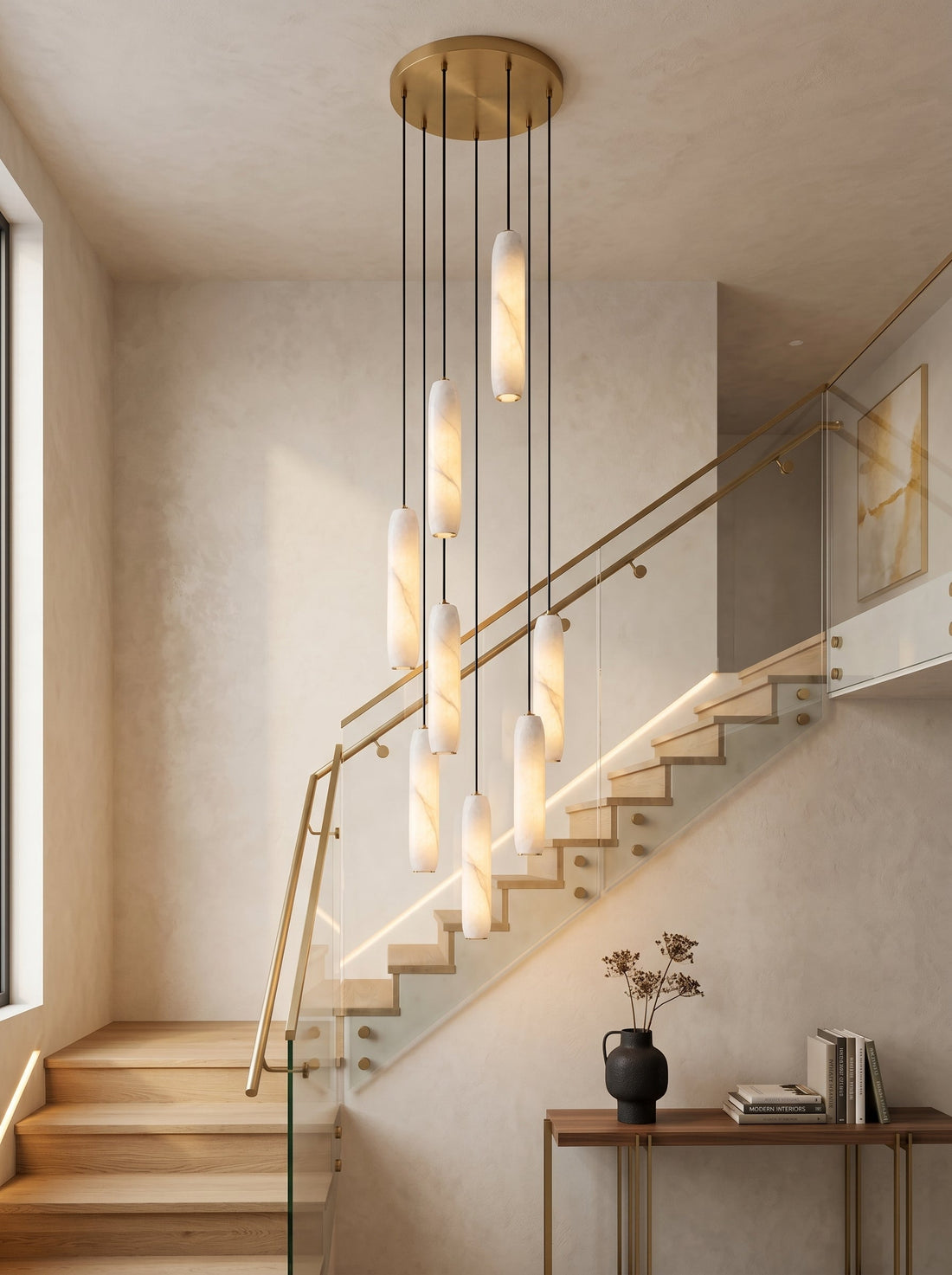 Flute Alabaster Chandelier - 2 headsBrass & White-Jecanoli