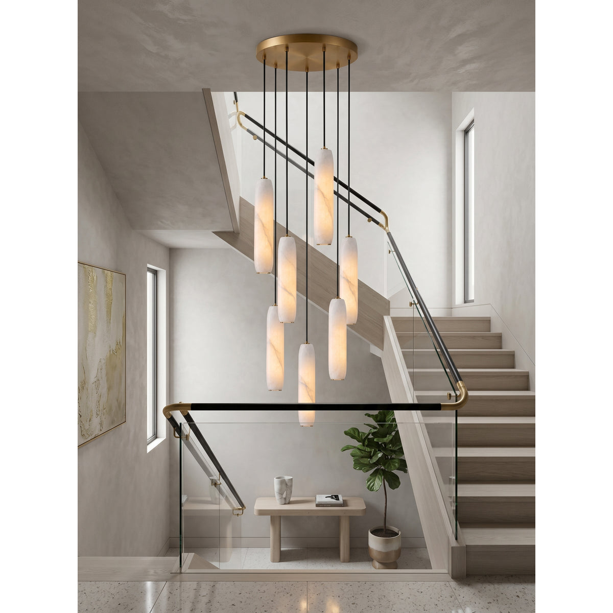 Flute Alabaster Chandelier - 2 headsBrass & White-Jecanoli