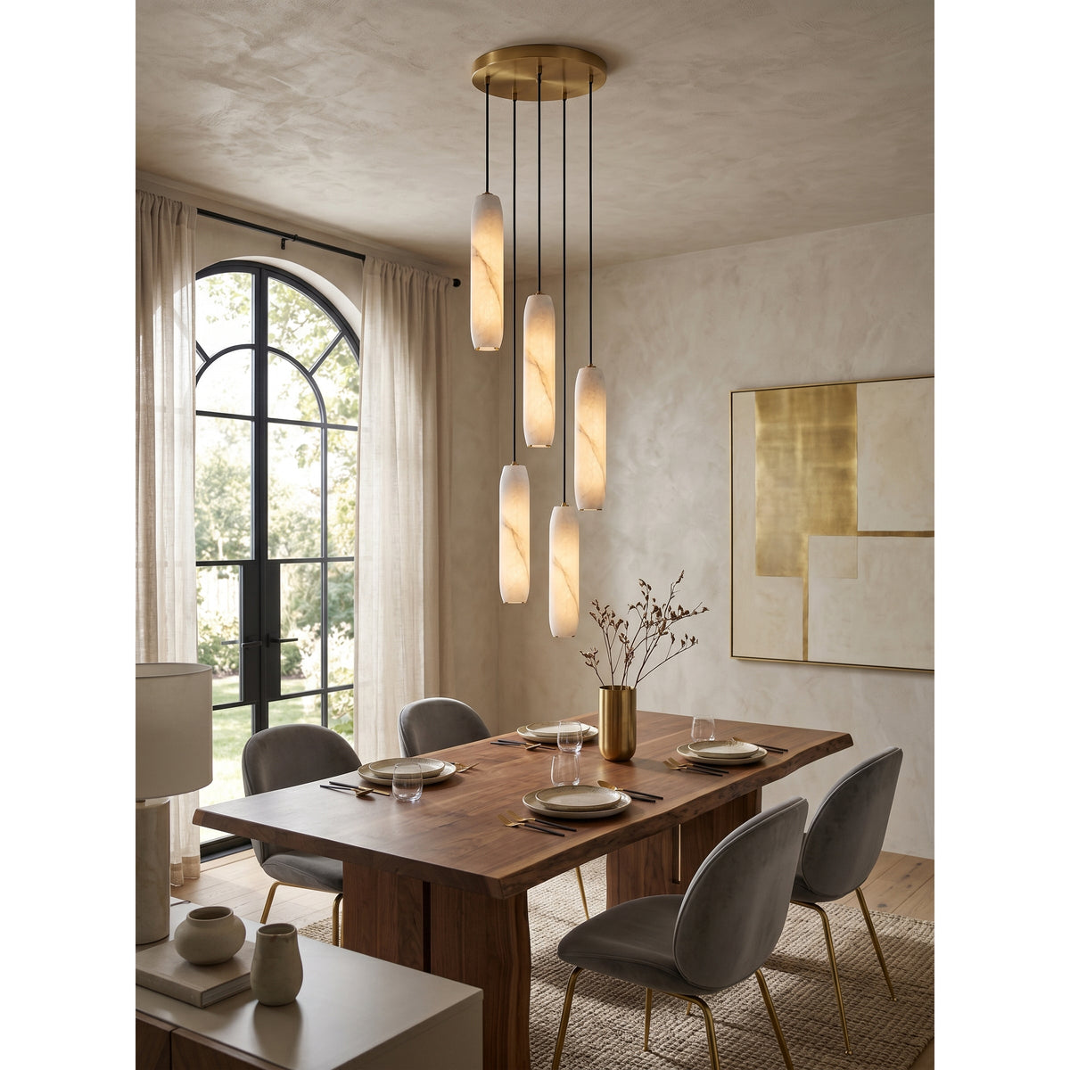 Flute Alabaster Chandelier - 2 headsBrass & White-Jecanoli
