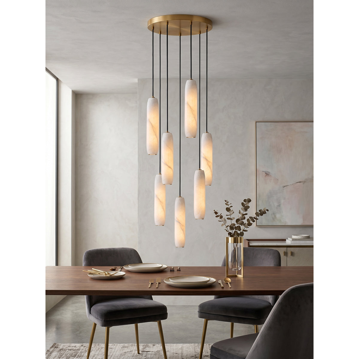 Flute Alabaster Chandelier - 2 headsBrass & White-Jecanoli