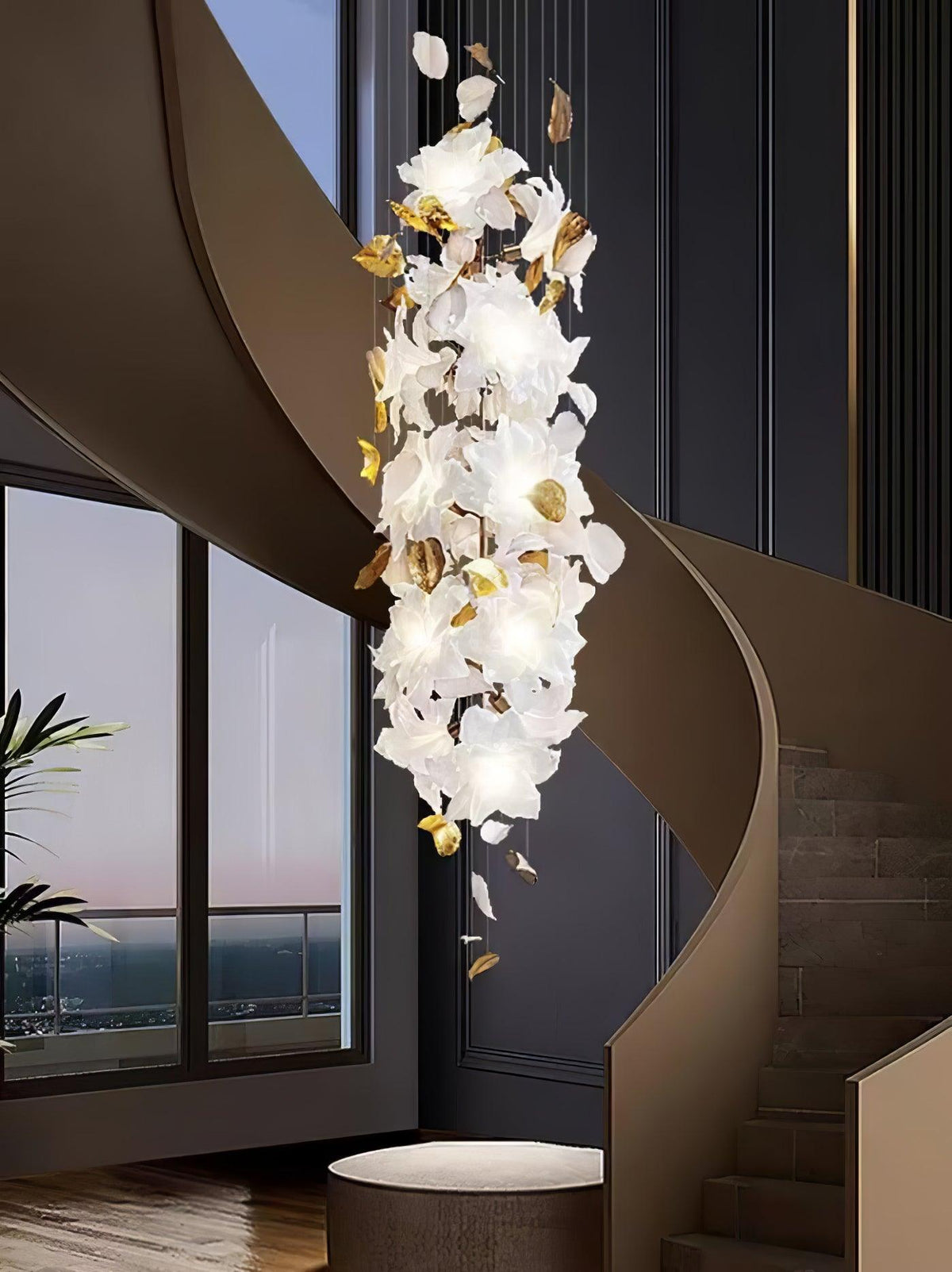 Flying Flowers Fluttering Chandelier - Model A ∅ 31.5″ x H 70.1″ / Dia 80cm x H 180cmBrass & White-Jecanoli