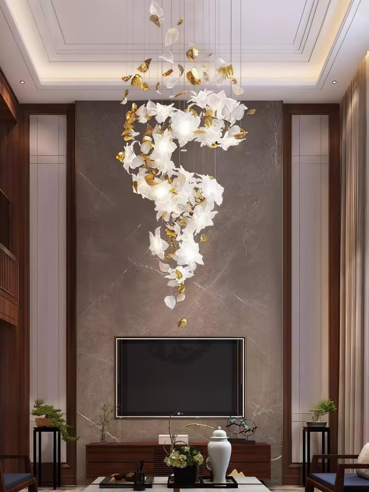 Flying Flowers Fluttering Chandelier - Model A ∅ 31.5″ x H 70.1″ / Dia 80cm x H 180cmBrass & White-Jecanoli