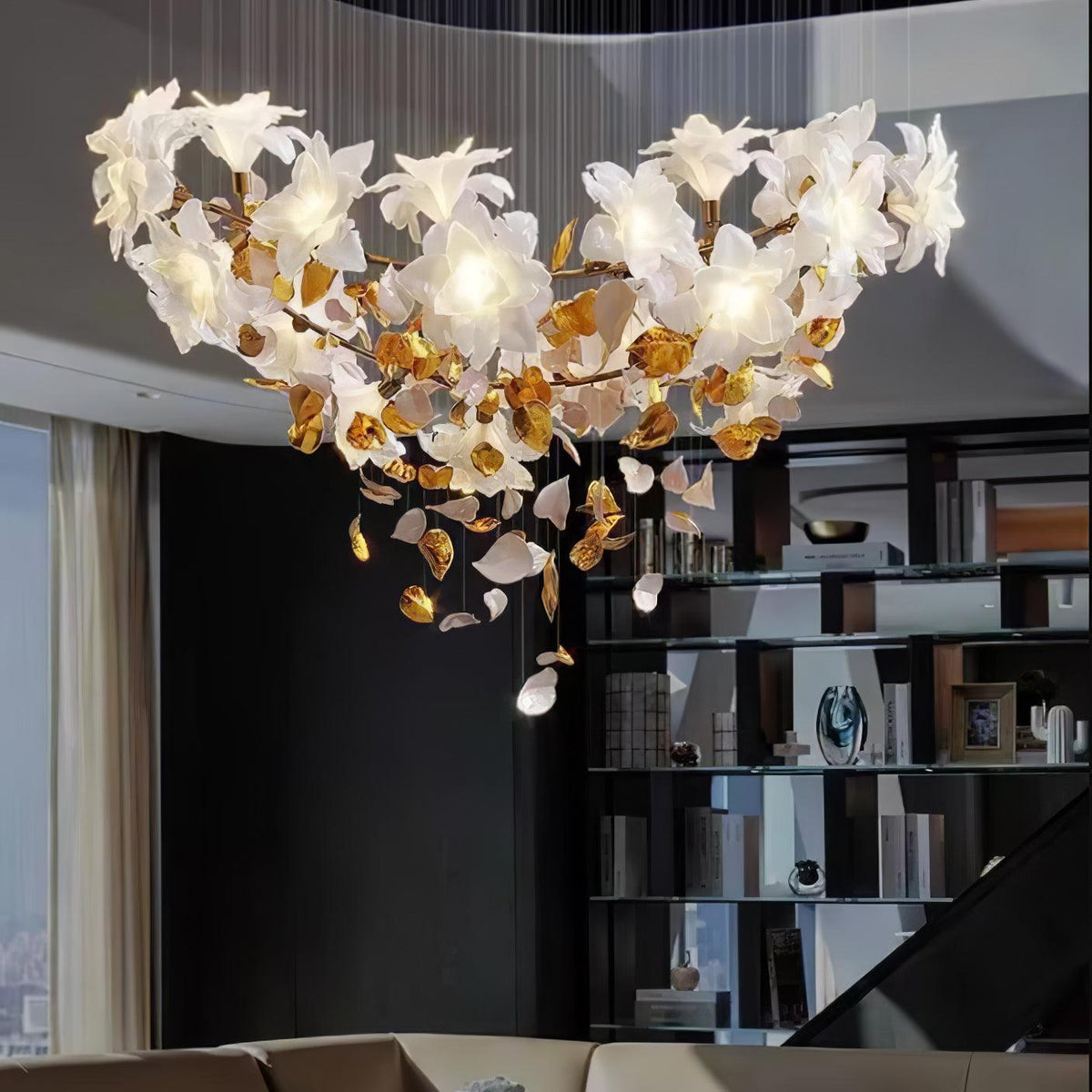 Flying Flowers Fluttering Chandelier - Model A ∅ 31.5″ x H 70.1″ / Dia 80cm x H 180cmBrass & White-Jecanoli