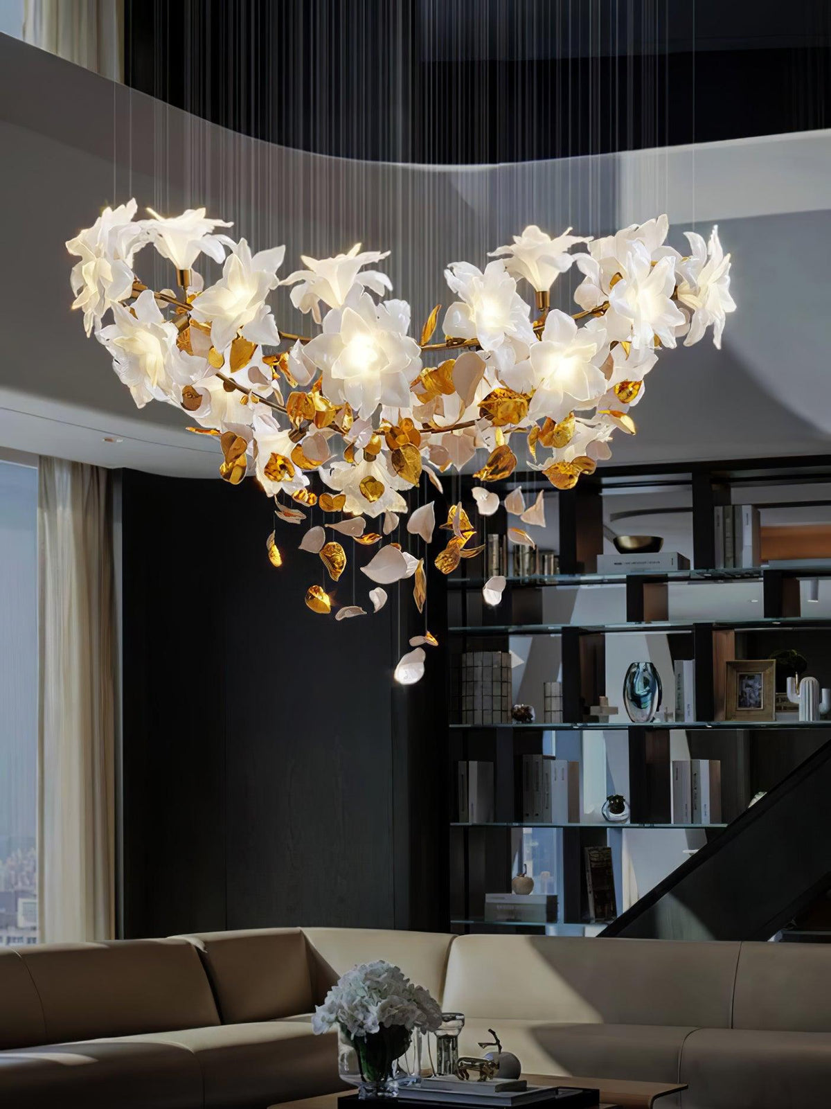Flying Flowers Fluttering Chandelier - Model A ∅ 31.5″ x H 70.1″ / Dia 80cm x H 180cmBrass & White-Jecanoli