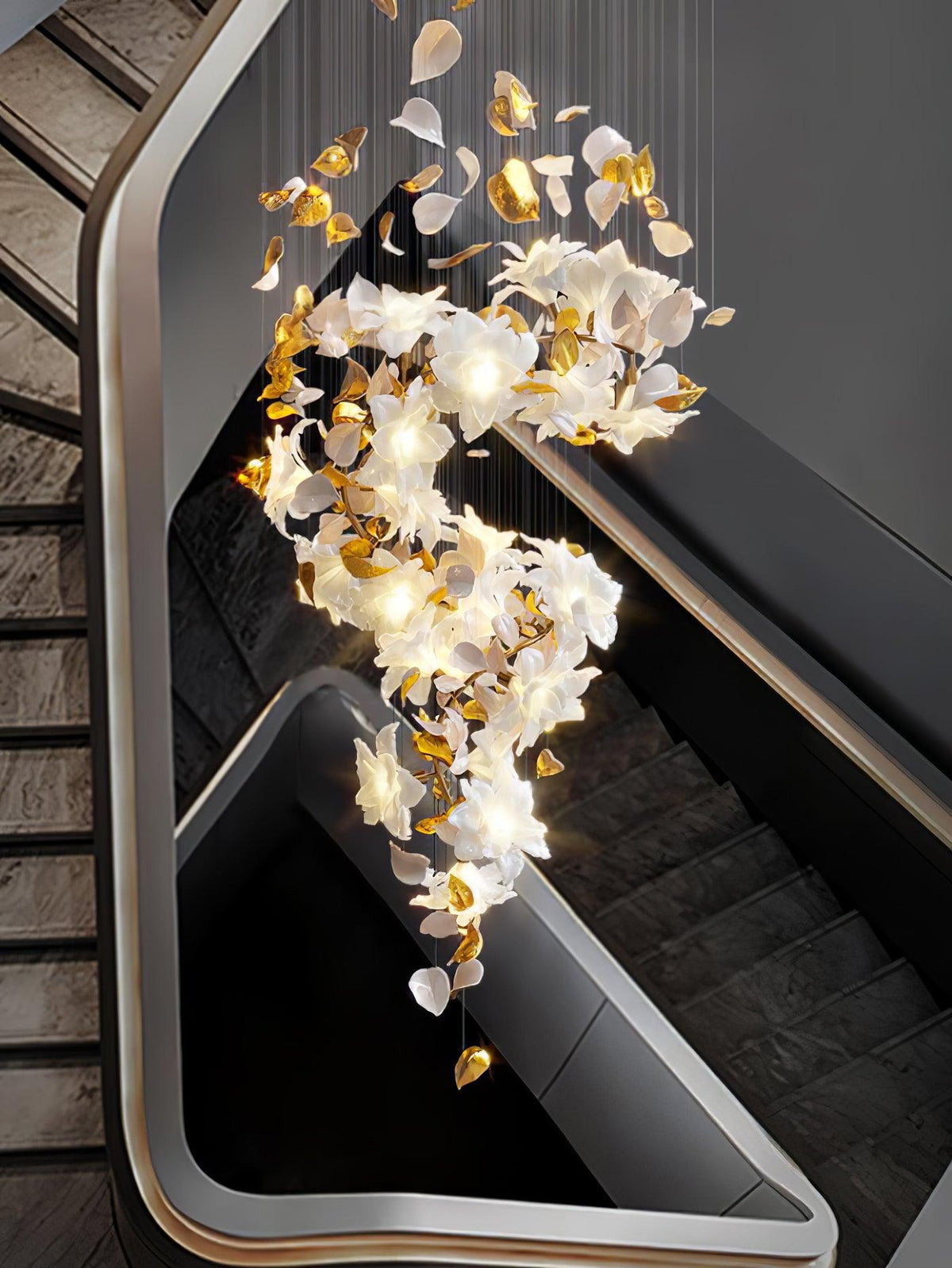 Flying Flowers Fluttering Chandelier - Model A ∅ 31.5″ x H 70.1″ / Dia 80cm x H 180cmBrass & White-Jecanoli
