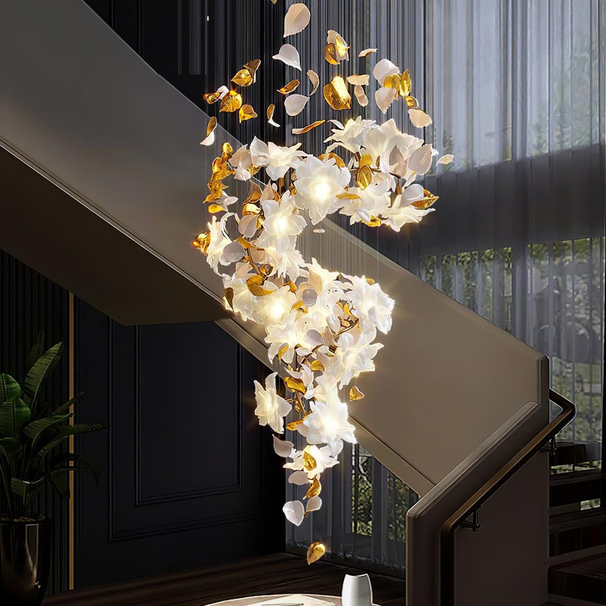 Flying Flowers Fluttering Chandelier - Model A ∅ 31.5″ x H 70.1″ / Dia 80cm x H 180cmBrass & White-Jecanoli
