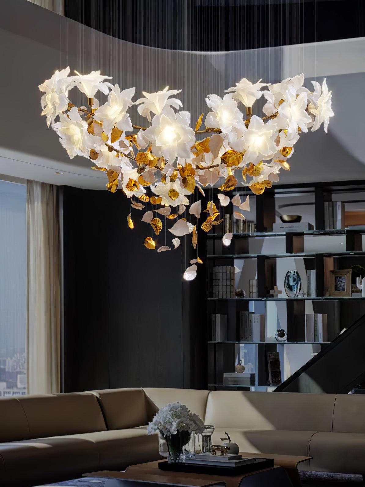 Flying Flowers Fluttering Chandelier - Model A ∅ 31.5″ x H 70.1″ / Dia 80cm x H 180cmBrass & White-Jecanoli