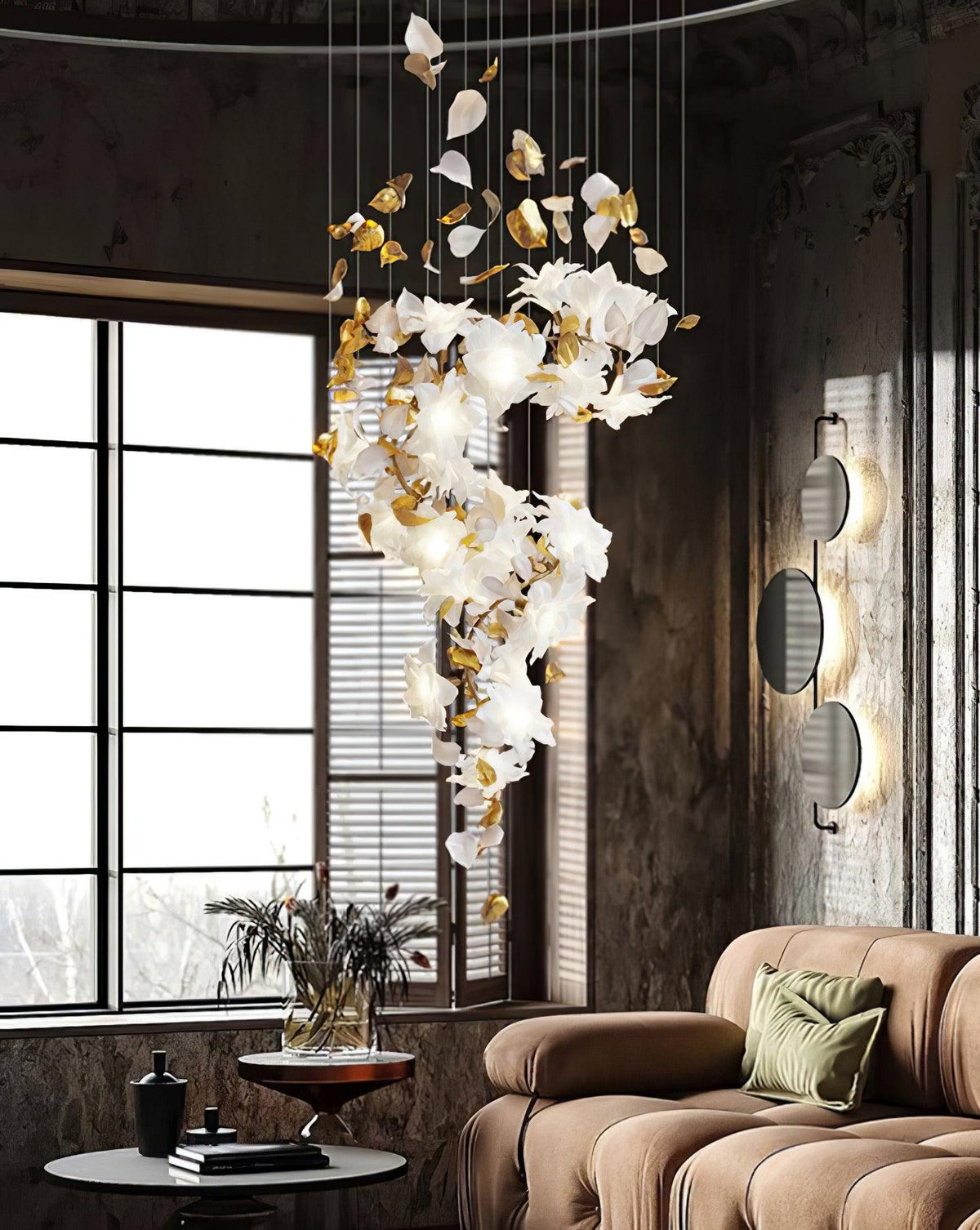 Flying Flowers Fluttering Chandelier - Model F L 31.5″ x H 23.6″ / L 80cm x H 60cmBrass & White-Jecanoli