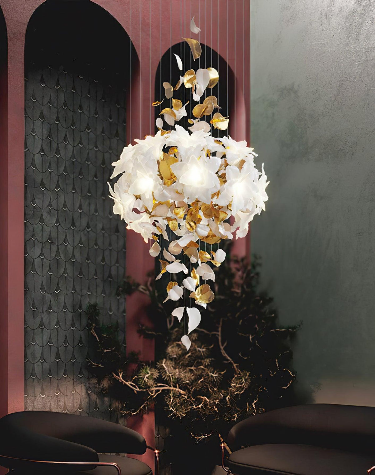 Flying Flowers Fluttering Chandelier - Model F L 31.5″ x H 23.6″ / L 80cm x H 60cmBrass & White-Jecanoli