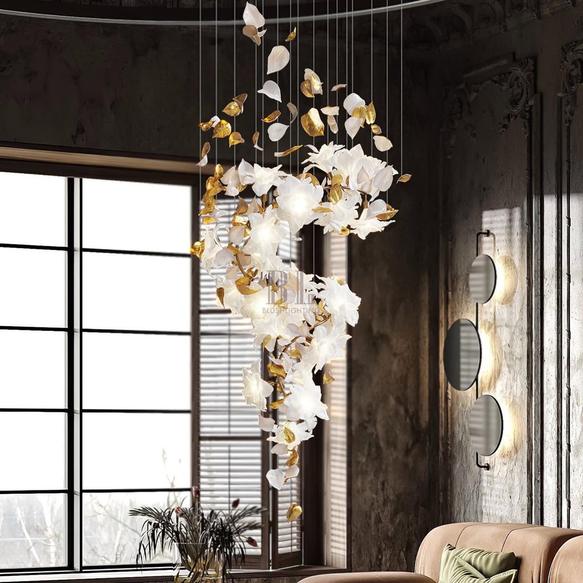Flying Flowers Fluttering Chandelier - Model A ∅ 31.5″ x H 70.1″ / Dia 80cm x H 180cmBrass & White-Jecanoli